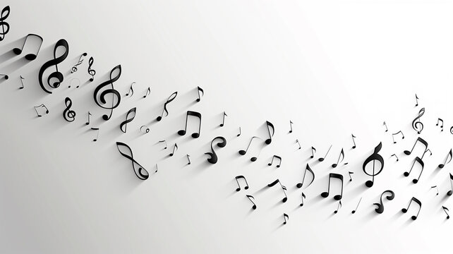 Black musical notes and symbols floating in the air against a white background.