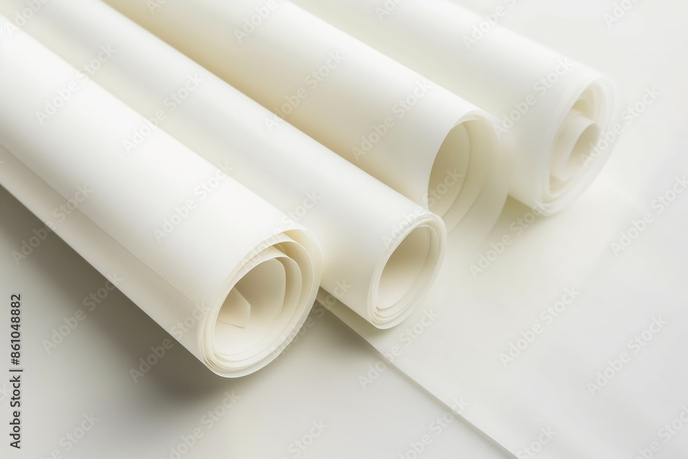Poster rolls of white paper creating abstract spiral pattern