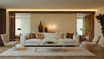Modern, white minimalist interior with kitchen, sofa, wood floor, wall panels and marble kitchen island.