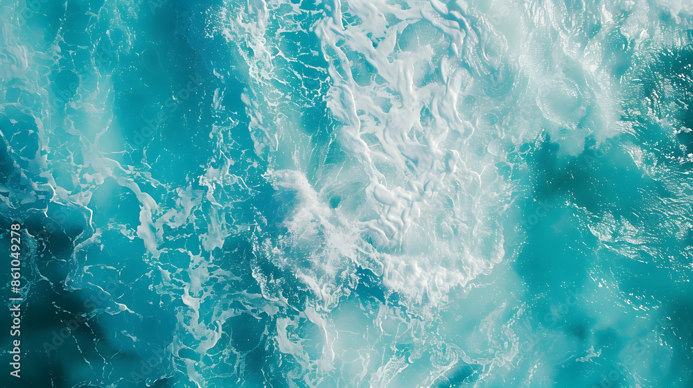 Poster from above aerial view of turquoise ocean water with splashes and foam for abstract natural backgrou