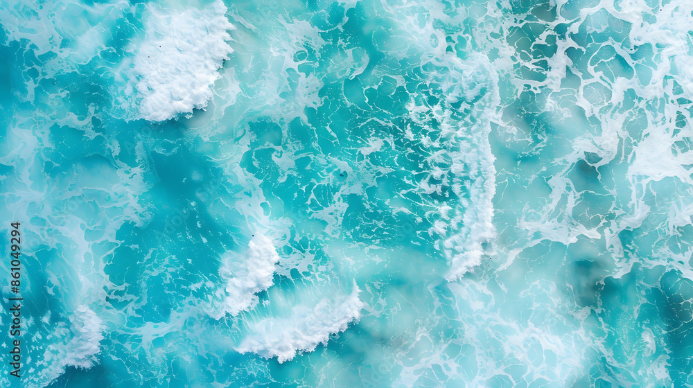 Poster from above aerial view of turquoise ocean water with splashes and foam for abstract natural backgrou
