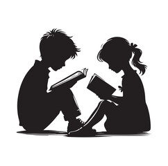 boy and girl reading book vector silhouette