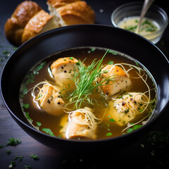 Rosemary Chicken Consomm&eacute; with Brioche Dumplings