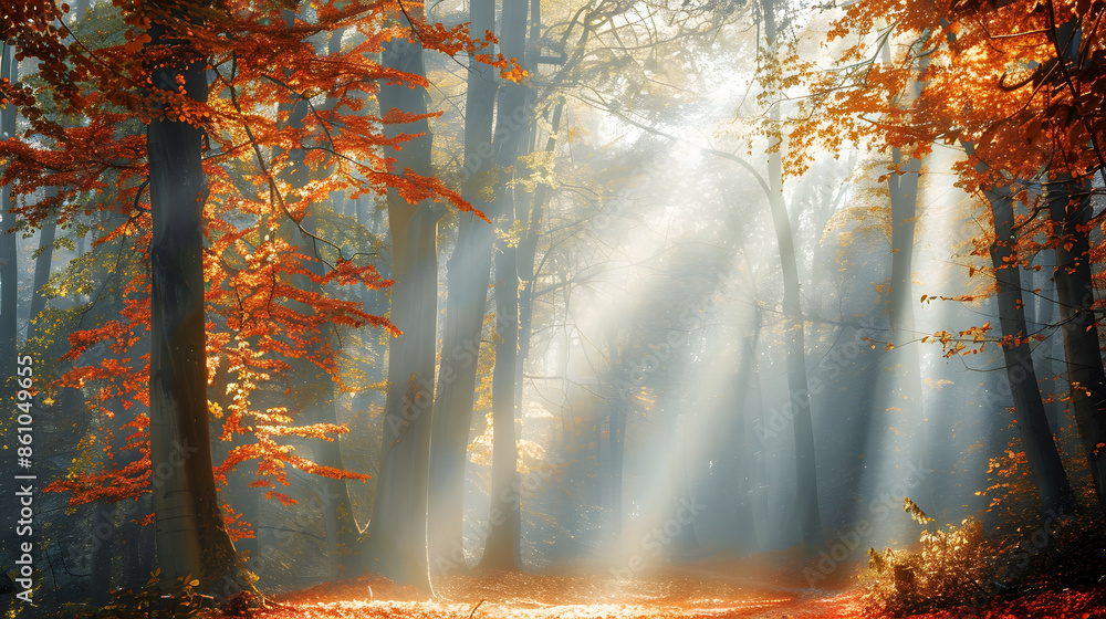 Poster autumn forest nature vivid morning in colorful forest with sun rays through branches of trees scener