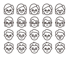 メガネをかけた男女の表情パターンアイコン　ベクター素材（パス編集可能）