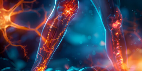 A person with a blue shirtblack pants is standing in front of a blue background with orange flames
