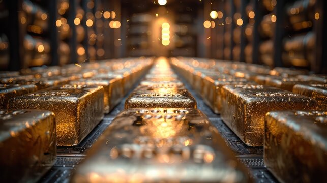 Gold bars are stacked in a vault. Demonstrates safety and stability in investment