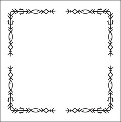 Elegant black and white ornamental frame with Viking runes, decorative border, corners for greeting cards, banners, business cards, invitations, menus. Isolated vector illustration.	