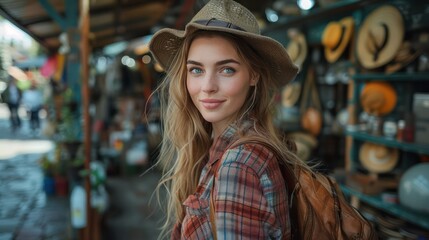 Obraz premium A Woman in a plaid shirt and hat exploring a flea market.