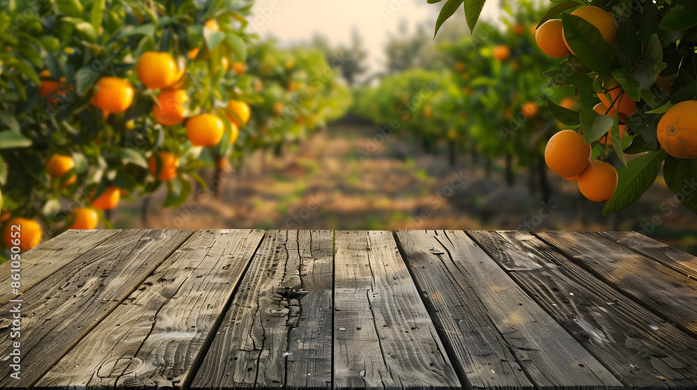 Poster Empty wood table with free space over orange trees orange field background For product display montage : Generative AI