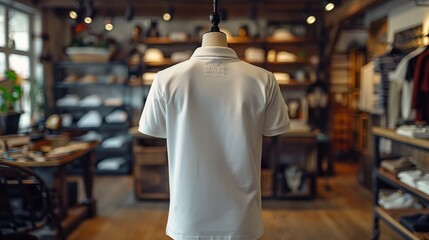 Back view of a plain white t-shirt, displayed on a mannequin in a studio setting.