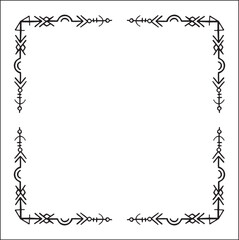 Elegant black and white ornamental frame with Viking runes, decorative border, corners for greeting cards, banners, business cards, invitations, menus. Isolated vector illustration.	