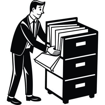 recommend clip art: Businessman Filing Papers in an Office Filing Cabinet, A black and white illustration of a businessman standing beside a filing cabinet, reaching into the top drawer and pulling out a folder of papers