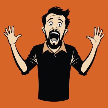 Shocked Man With Open Mouth and Arms Raised in Surprise, A cartoon illustration depicts a man with a shocked expression, his mouth wide open in surprise. His arms are raised in the air.