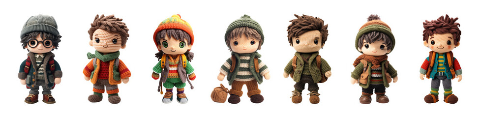 Set of knitted boy dolls isolated on a transparent background.