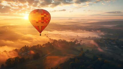Obraz premium Hot Air Balloon Soaring Over Misty Countryside at Breathtaking Sunrise