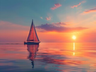 Retired Couple Sailing at Serene Sunset Overlooking Calm Ocean Horizon