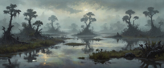 An alien marshland with vast, murky waters and bizarre, bioluminescent plants, rendered in thick oil paint to highlight the surreal and mysterious landscape, Generative AI