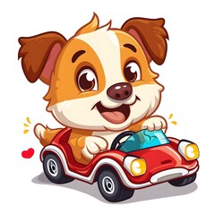 Cheerful Cartoon Dog Driving a Vibrant Red Toy Car with Exhilarated Expression on White Background