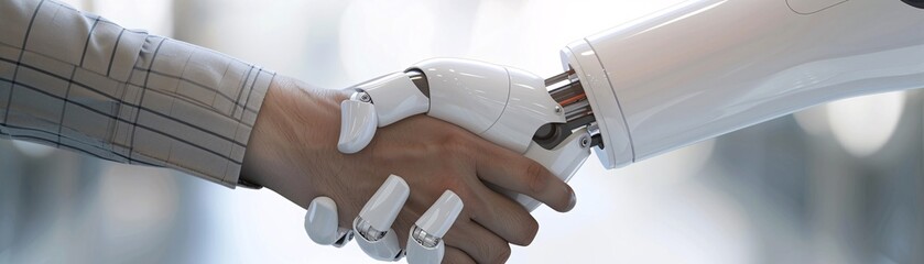 Fototapeta premium A robotic legal assistant interacts with a client in a contemporary office, providing support on a bankruptcy case. The image showcases the future of legal aid with ample copy space to emphasize the