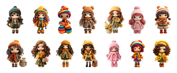 Set of knitted dolls isolated on a transparent background. Handcrafted unique dolls decor collection.