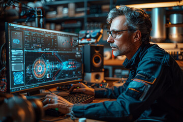 Male engineer in glasses intensely studies computational fluid dynamics simulations on a computer screen to enhance the aerodynamics of a hydrogen-powered vehicle