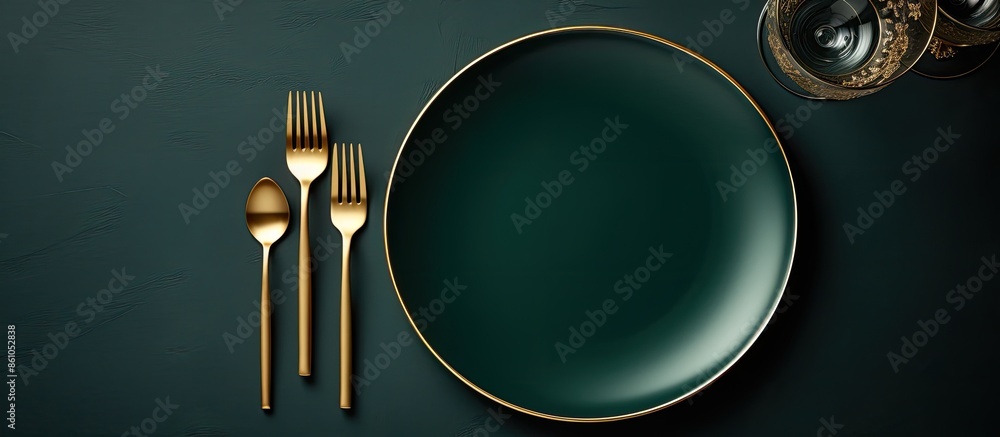 Poster luxurious restaurant dining table setting with a beige napkin, gold cutlery, and empty plates on a d