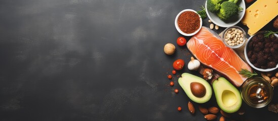 A ketogenic diet featuring keto-friendly foods promotes heart health with high protein and fat content, low-carb elements to prevent heart disease and manage diabetes, shown in a copy space image.