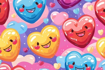 Seamless Pattern of Colorful Hearts with Smiling Faces