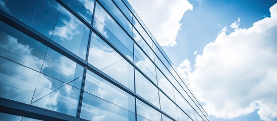Modern glass building with aluminum facade, viewed from a low angle against a blue sky with clouds, providing a unique perspective and copy space image.