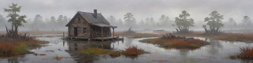 Fototapeta premium A foggy swamp with a quaint, weathered cabin in the middle of the marsh, rendered in thick oil layers to highlight the eerie and peaceful scene, Generative AI