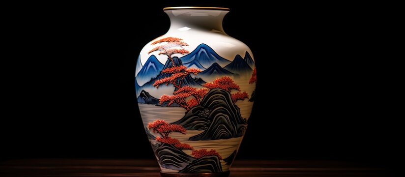 A porcelain vase in the classic Japanese Imari style with red, blue, and gold hues featuring a scenic town of Arita in the backdrop - ideal for a copy space image.