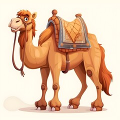 Cheerful Cartoon Camel with Vibrant Saddle and Accessories on White Background