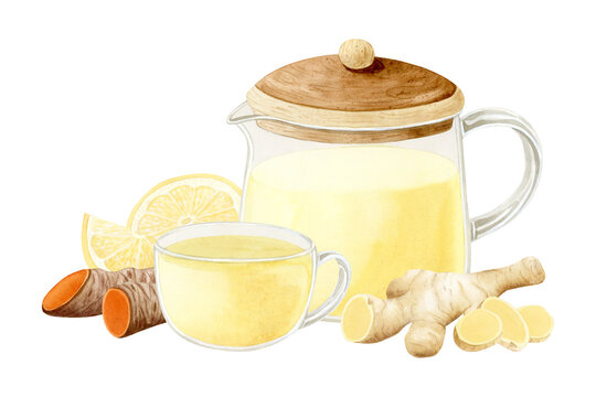 watercolor yellow tea with lemon and ginger clip art preview