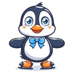 Obraz premium Happy Cartoon Penguin in Bowtie and Ice Skates Playful Pose on White Background