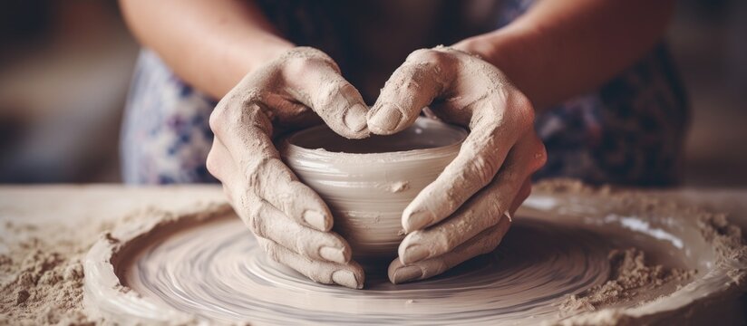 A top view image of a woman's white hands shaping pottery on a horizontal pottery wheel, with a focus on the hands and no face, ideal for copy space in the image.