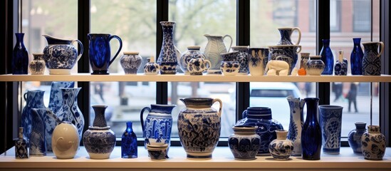 Handmade ceramic art, pottery, vases, and other semantic pieces in blue and white displayed in the gallery shop window, Art Museum, Architecture, Design exhibition - suitable for a copy space image.