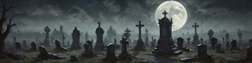 A haunting graveyard scene with zombies rising from their graves under a full moon, depicted in thick oil layers to emphasize the eerie and chilling atmosphere, Generative AI
