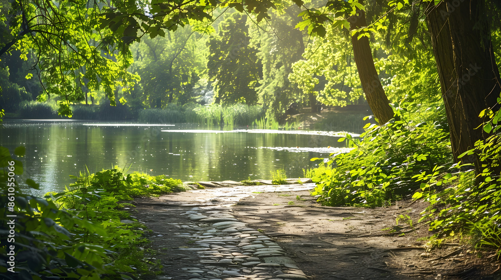 Aufkleber beautiful colorful summer spring natural landscape with a lake in park surrounded by green foliage o