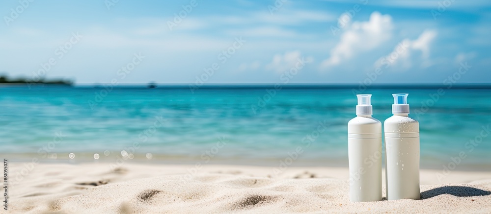 Poster summer beach with suncream bottles in front of calm sea, offering a serene view with copy space imag