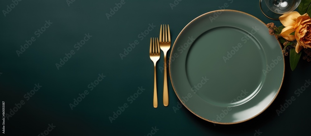 Poster luxurious restaurant dining table setting with a beige napkin, gold cutlery, and empty plates on a d