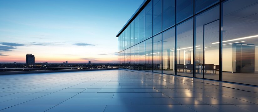 Evening view of a contemporary office building with clear sky, suitable as a copy space image.