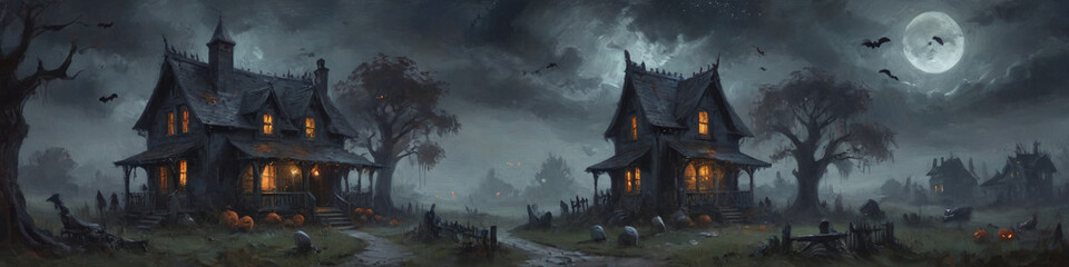 A chilling Halloween scene with a witch's cottage surrounded by zombies and bats flying in the night sky, depicted in thick oil paint to emphasize the spooky and magical environment, Generative AI