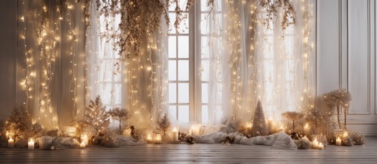 Festive Christmas home decoration with glowing lights set against a white wooden backdrop, creating a cozy ambiance for the holidays. with copyspace image