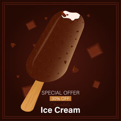 Realistic chocolate ice cream. Discount offer vector poster. Ice-cream on stick with nuts chocolate chips and chocolate cubes. Sweet creamy dessert, dairy frozen summer food.