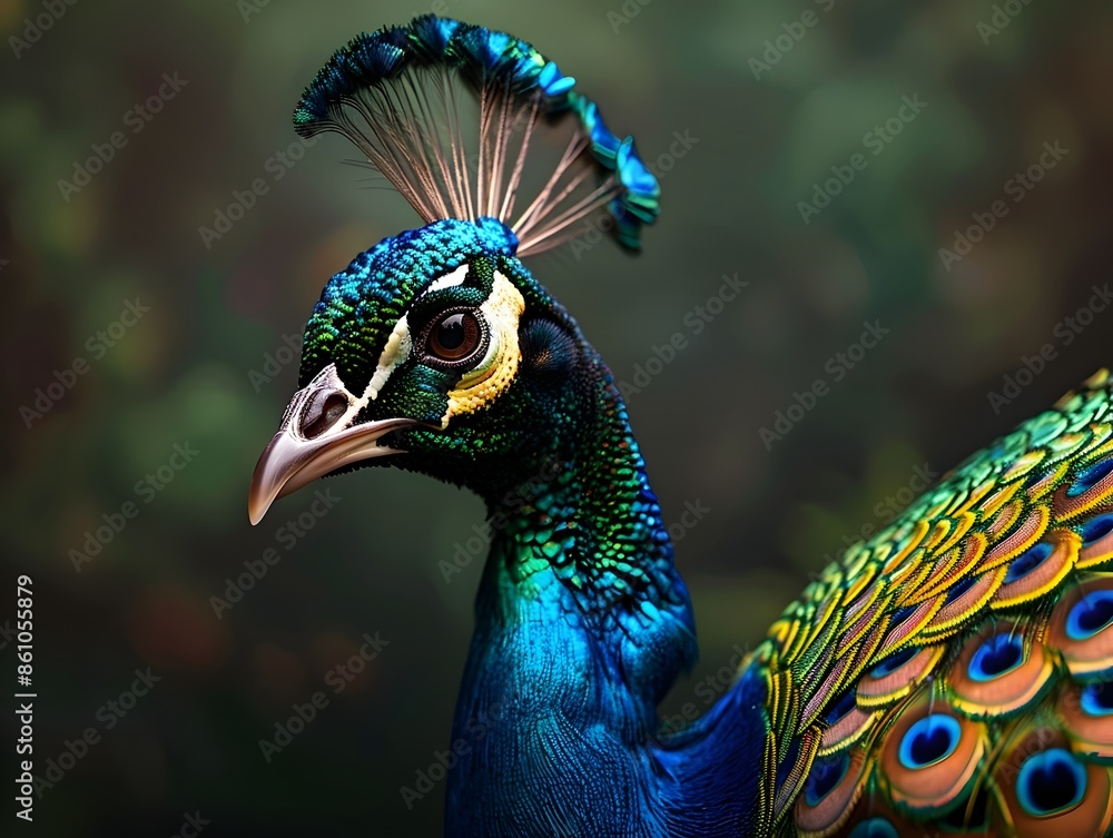 Poster elegant peacock displaying its vibrant plumage with intricate patterns in blue and green