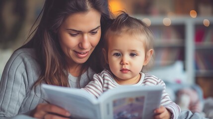 Mother reading a storybook to her toddler in a cozy setting, highlighting bonding and early childhood education.