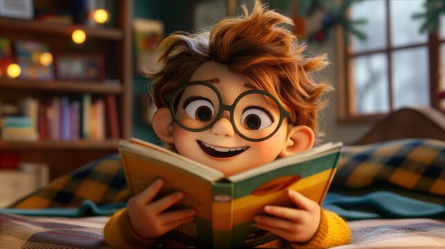 Cute animated child reading a book in a cozy, warmly lit room filled with bookshelves, capturing the joy of reading.