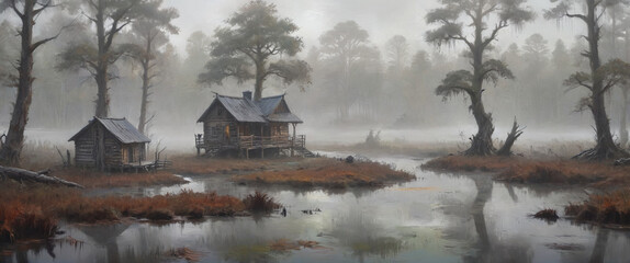 A misty swamp with a rustic wooden cabin nestled among the dense fog and twisted trees, painted in thick oil layers to capture the peaceful and mysterious atmosphere, Generative AI
