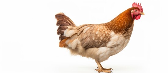 Hen with brown feathers standing alone on a white background, suitable as a farm animal copy space image.